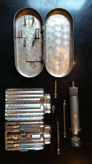 Antique Medical Surgical Glass Syringe Art Deco Skyscraper X - Acto Nicked Silver.
