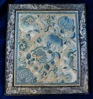 Antique Chinese Embroidered Silk Panel,  Forbidden Stitch Flowers / Insects