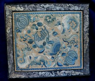 ANTIQUE CHINESE EMBROIDERED SILK PANEL,  FORBIDDEN STITCH FLOWERS / INSECTS 2