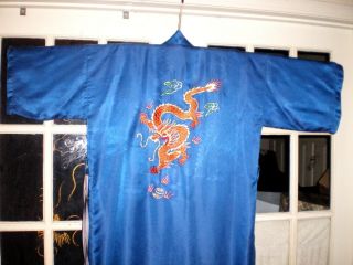 Antique Chinese Blue Silk Robe/kimono W/embroidered Gold Dragons & Pearls 1