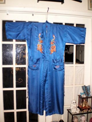 Antique Chinese Blue Silk Robe/Kimono w/Embroidered Gold Dragons & Pearls 1 2