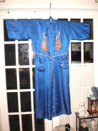 Antique Chinese Blue Silk Robe/Kimono w/Embroidered Gold Dragons & Pearls 1 3