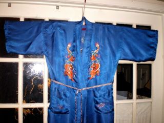 Antique Chinese Blue Silk Robe/Kimono w/Embroidered Gold Dragons & Pearls 1 4