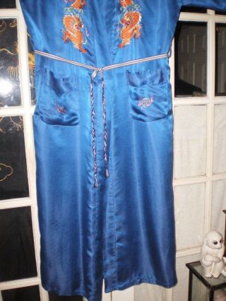 Antique Chinese Blue Silk Robe/Kimono w/Embroidered Gold Dragons & Pearls 1 6
