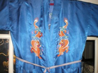 Antique Chinese Blue Silk Robe/Kimono w/Embroidered Gold Dragons & Pearls 1 7