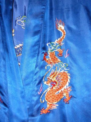 Antique Chinese Blue Silk Robe/Kimono w/Embroidered Gold Dragons & Pearls 1 8
