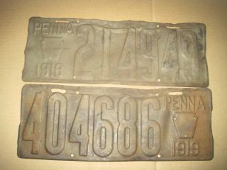 1918 & 1919 Pennsylvania License Plates.  Man Woman Cave Primitive Decor Signs