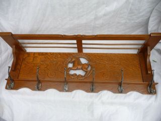Large 1930s Wooden 6 Hook Coat And Luggage Rack Carved Horse Stables Farm House