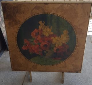 Antique Folding Card Table Built - In Stand To Display Floral Pattern