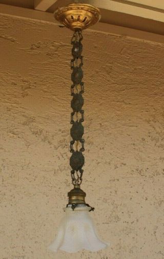 Antique Vintage Brass Hanging Light Fixture Concealed Wire Shield Chain W Shade