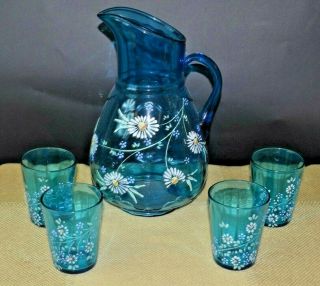 Antique " Victorian Hand Painted Daisy Blue Glass Water Set Pitcher & 4 Tumblers "