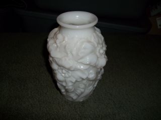Antique Art Nouveau - Milk Glass Embossed Poppy Flower Vase Vtg