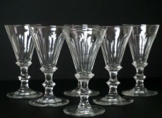 Six Early Glass Wine Goblets Blown Smooth Pontil Cut Conical Paneled Bowl