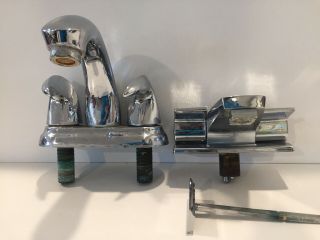Two Vintage Faucets Art Deco Modern Kitchen Bathroom Sink Silver Mid Century