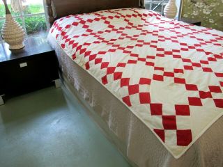 Vintage Red & White NINE PATCH Quilt TOP,  1920 ' s FARWELL BLEACHERY Fabric 2