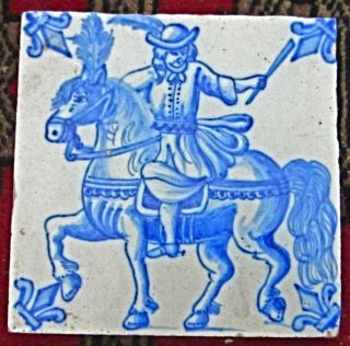 Vintage Blue Delft Tile Man On A Horse Possibly 18th Century