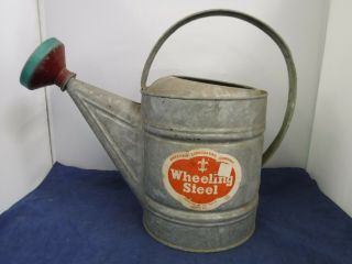 Vintage Wheeling Galvanized Watering Can W/ Sprinkle Top - Label