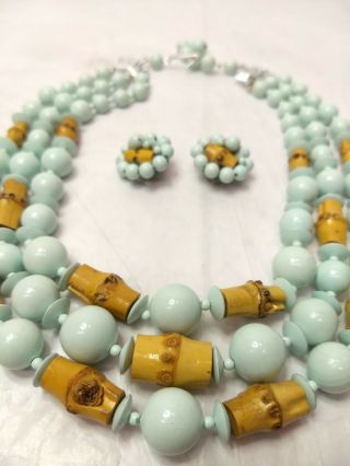 Vtg Mcm Tiki Polynesian Bamboo & Light Blue Bead 3 - Strand Necklace & Earring Set