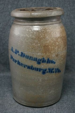 A.  P.  Donaghho,  Parkersburg,  Wv - Blue Stenciled Stoneware Wax Sealer Crock