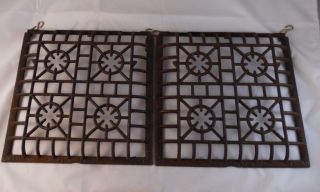 Antique Cast Iron Grates Pair 1906 Lockwell Rusty Garden Wall Mantle Home Decor