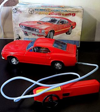 Vintage Tinplate Battery Operated Ford Mustang Car Wt Remote,  Taiyo,  Japan.  Vgib