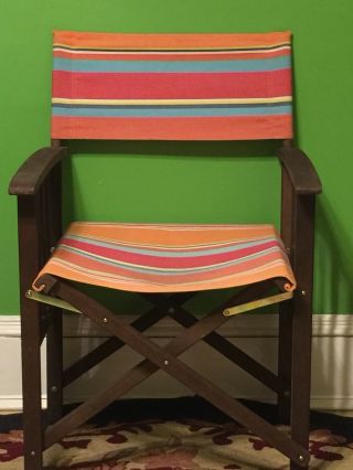 Vintage Folding Wood Beach Chair Frame Canvas Cloth Seat Deck Beach Lawn Chair