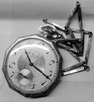 Listing: Antique Elgin Blvd Pocket Watch 14k White Gf Wadsworth,  Chain