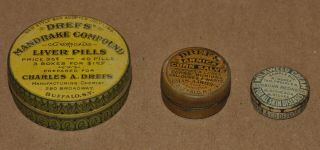 3 Antique Medicinal Pharmacy Tins Apothecary Liver Pills Milkweed Cream Salve