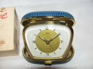 Vintage Schatz Blue Touring Travel Alarm Clock 7 Jewel Made In Germany W/ Box