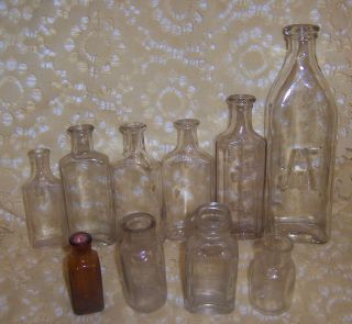 10 Vintage Antique Glass Bottles Medicine,  Baby,  Mercurochrome,  Cebhardt Eagle