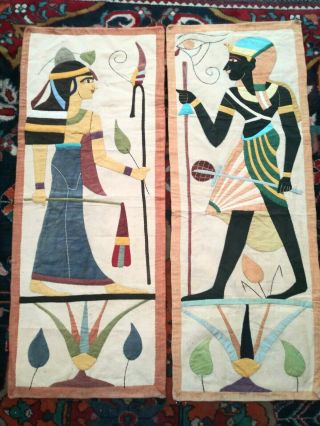 Two Vintage Egyptian Revival Art Deco Applique Tapestry Textile Wall Hangings