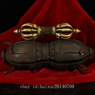 Rare Old Tibetan Buddhist Supplies Bronze Demon Pestle Bell Faqi wood Box Ae01A 5