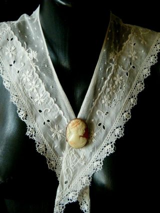 Vtg Edwardian Collar Normandy Lace Mesh & Voile Floral Embr/ry H Done France