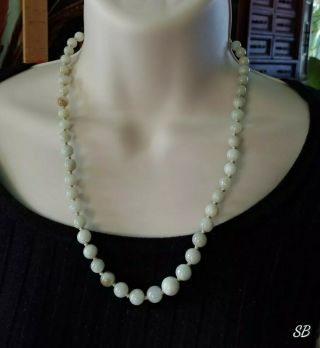 Vintage Chinese Jadeite Olive Green Jade Beads Necklace Silver Clasp 22 " 9mm