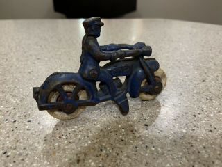 Rare Antique Blue Hubley Cast Iron Toy Motorcycle Cop Driver