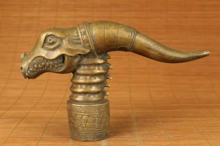 Big Asian Old Bronze Hand Casting Crocodile Statue Cane Walking Stick Head