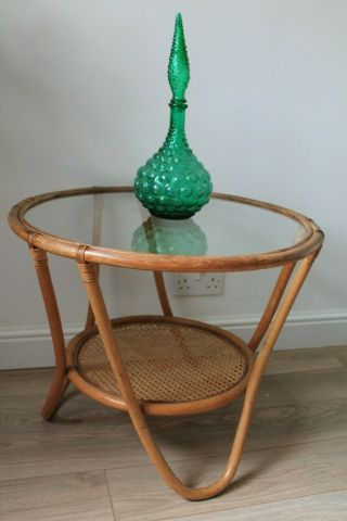 Vintage Retro Mid Century 1970s Boho Bamboo Coffee / Side Table,  Round Glass Top