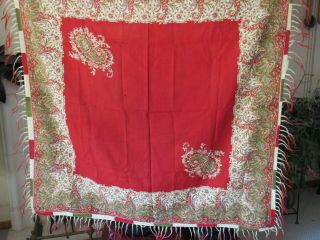 Antique 19th Century Printed Paisley Shawl Fringed Red Wool Needs Tlc