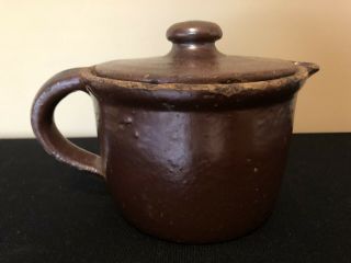 Antique Primitive Clay Glazed Crock Small Pitcher With Lid Stoneware