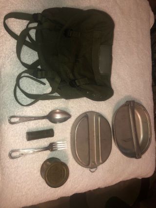 Vietnam War U.  S.  Army M - 1961 Buttpack,  Field Pack Can Food Mess Tin Fork Spoon