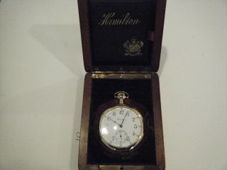 Vintage 10k Gold Fill Pocket Watch Hamilton 19 Jewels Lancaster W/ Case Hunter