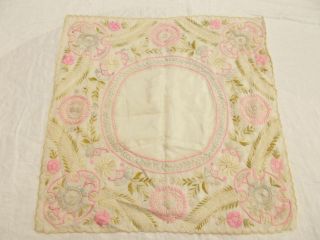 Vtg Antique Embroidered Society Silk White & Pink Lace Wedding Handkerchief