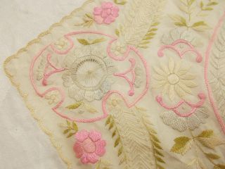 Vtg Antique EMBROIDERED SOCIETY SILK White & Pink LACE WEDDING Handkerchief 2