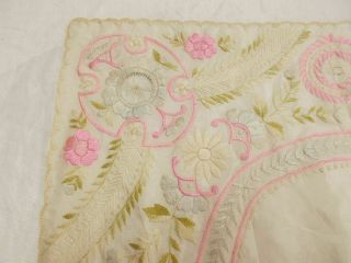 Vtg Antique EMBROIDERED SOCIETY SILK White & Pink LACE WEDDING Handkerchief 3