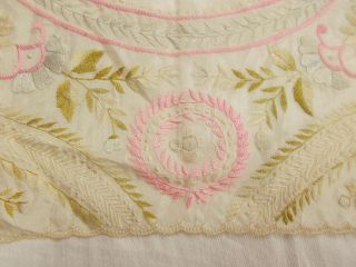 Vtg Antique EMBROIDERED SOCIETY SILK White & Pink LACE WEDDING Handkerchief 4