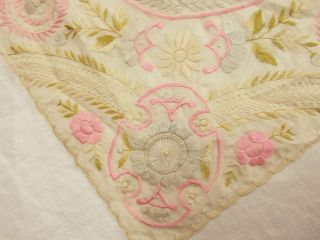 Vtg Antique EMBROIDERED SOCIETY SILK White & Pink LACE WEDDING Handkerchief 5