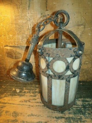 Antique Brass Cast Iron & Slag Glass Ceiling Outdoor Porch Light Lamp Fixture