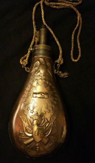 Antique N.  P.  Ames 1838 Brass Peace Powder Flask Military Civil War Gunpowder