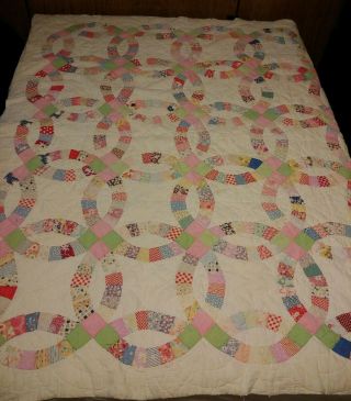 Antique Cutter Quilt Double Wedding Ring Pattern,  For Crafts Size 86 " X68 "