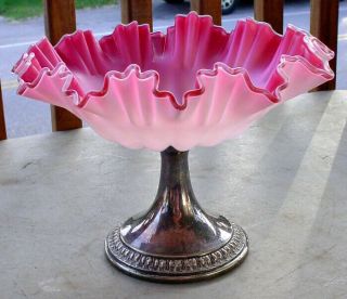 Antique Victorian Cranberry To White Satin Glass Compote W/ Silver Plated Base